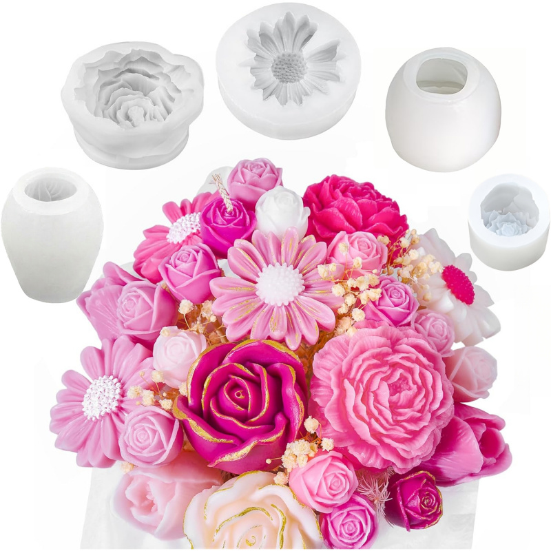 Candle Making Kit Diy - 5-delige bloemkaarsvormset, 3D bloemvormige siliconen kaarsvorm,
